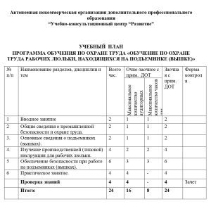Учебный план по программе обучения по охране труда рабочих люльки, находящихся на подъемнике (вышке)