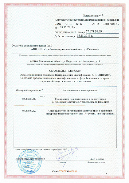 Приложение к аттестату соответствия экзаменационного центра в области социальной защиты