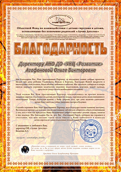 Благодарность фонда «Лучик Детства» за помощь домам ребёнка Ульяновска, Выксы и Кургана, август–сентябрь 2018 года