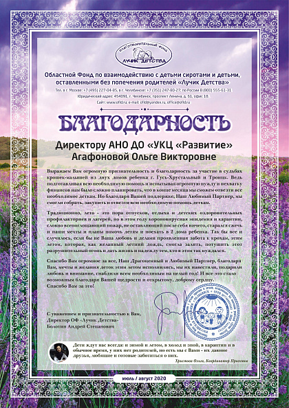 Благодарность фонда «Лучик Детства» за помощь домам ребёнка Гусь-Хрустального и Троицка, июль–август 2020 года